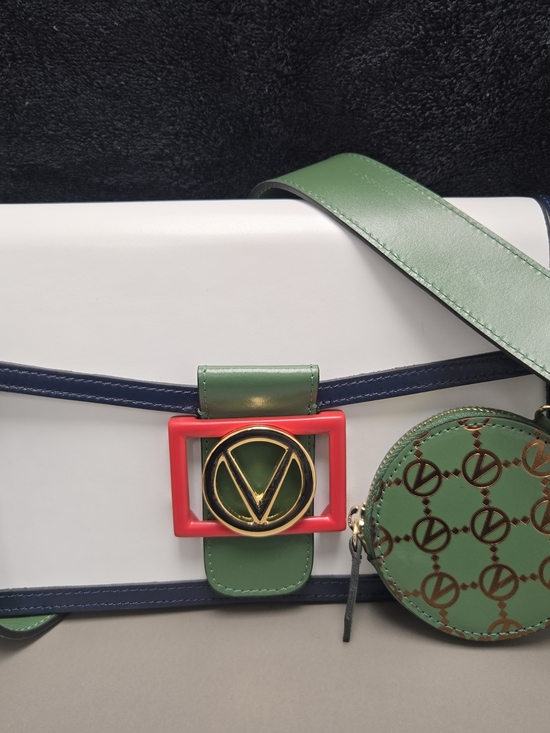 Valentino By Mario Valentino Handbags - Valentino By Mario Valentino Green, White & Navy Crossbody with Red Buckle